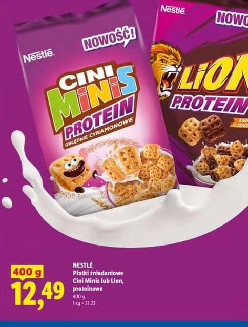 płatki śniadaniowe proteinowe Cini Minis lub Lion