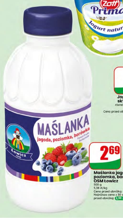 maślanka jagoda, poziomka, borówka
