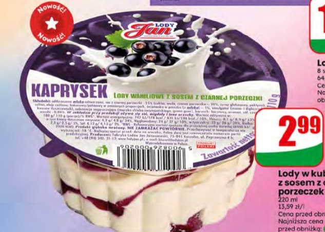 lody w kubku waniliowe z sosem z czarnych porzeczek Kaprysek