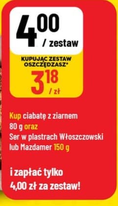 zestaw ciabatta z ziarnem 80g + ser w plastrach Włoszczowski lub Mazdamer 150g