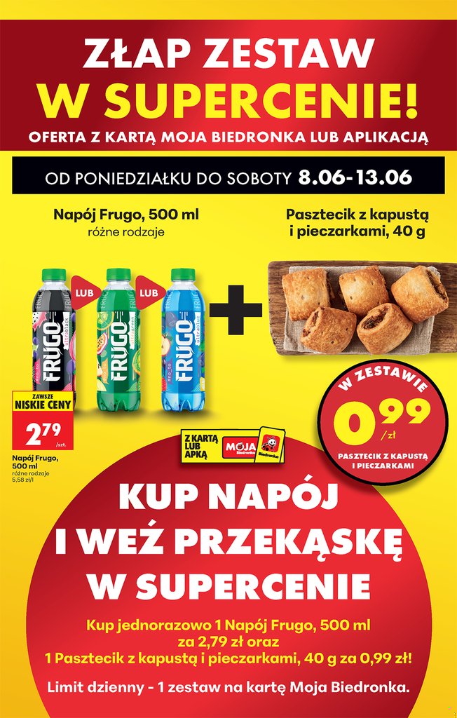 zestaw napój Frugo 500ml + pasztecik z kapustą i pieczarkami 40g