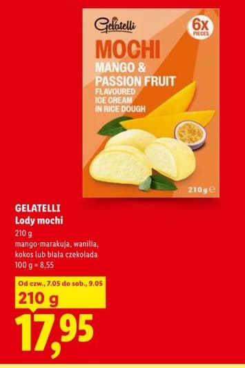 lody mochi mango-marakuja, wanilia, kokos lub biała czekolada