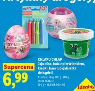jajo dino, kula z pierścionkiem, kredki, lawa lub galaretka do kąpieli