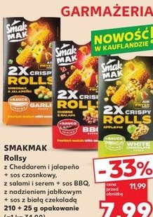 rollsy z Cheddarem i jalapeño + sos czosnkowy, z salami i serem + sos BBQ, z nadzieniem jabłkowym + sos z białą czekoladą