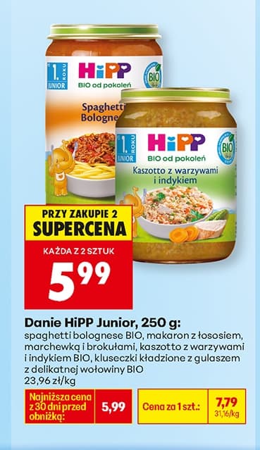 danie spaghetti bolognese bio, makaron z łososiem, marchewką i brokułami, kaszotto z warzywami i indykiem, kluseczki kładzione z gulaszem i młodymi warzywami