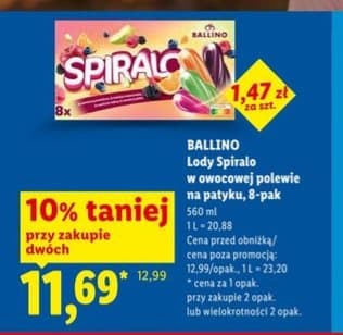 Ballino lody spiralo w owocowej polewie na patyku 560ml