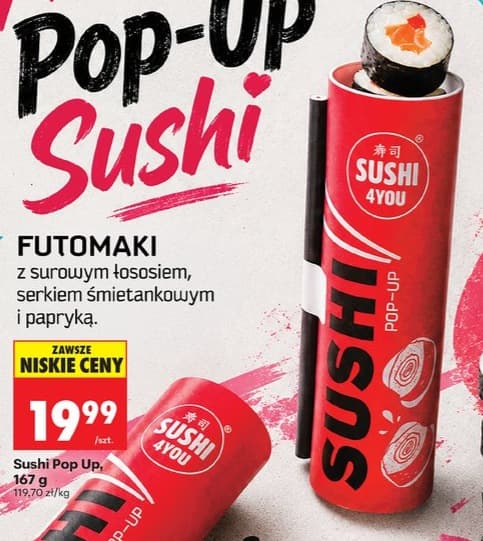 sushi futomaki z surowym łososiem, serkiem śmietankowym i papryką
