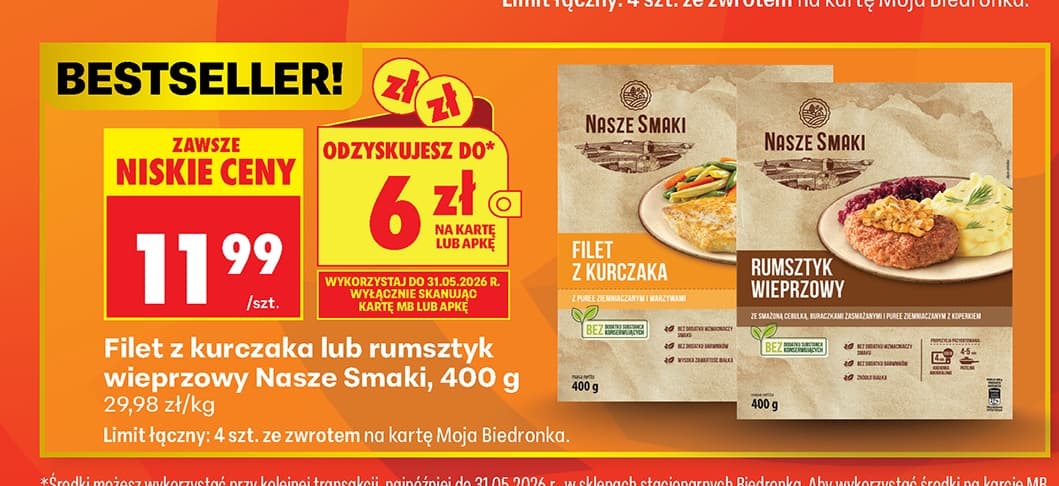filet z kurczaka lub rumstyk wieprzowy
