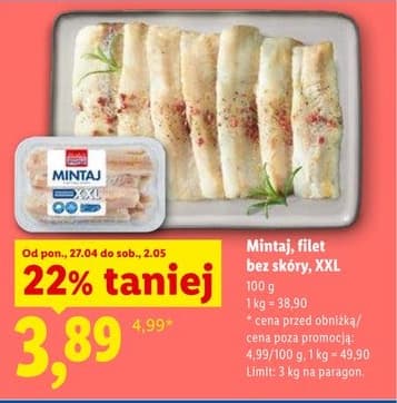 mintaj, filet bez skóry, XXL