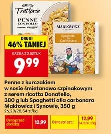 penne z kurczakiem w sosie śmietanowo szpinakowym z serem ricotta lub spaghetti alla carbonara