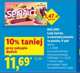 Ballino lody spiralo w owocowej polewie na patyku 8x70ml