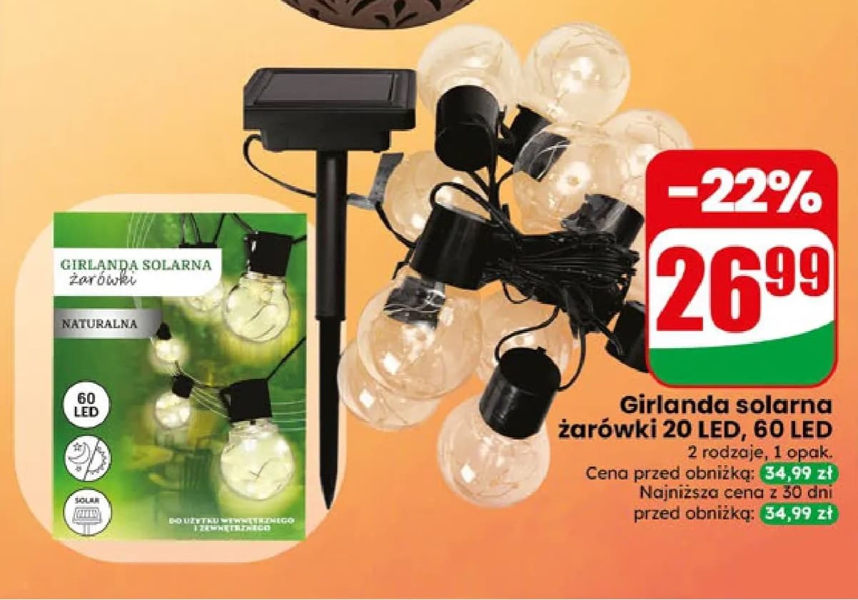 girlanda solarna żarówki 20 LED, 60 LED