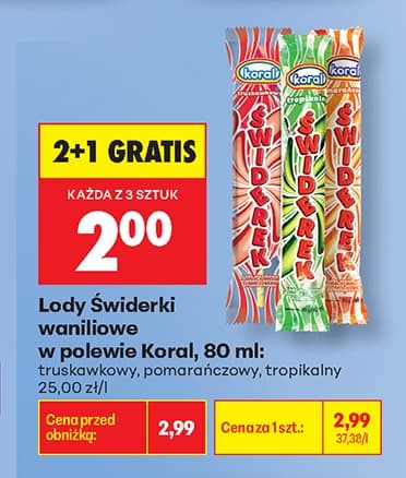 lody świderki waniliowe w polewie truskawkowy lub pomarańczowy, lub tropikalny