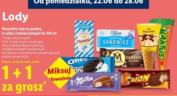 Wszystkie lody na patyku, w rożku i lodowe kanapki