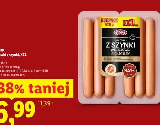 parówki z szynki wieprzowej premium, XXL