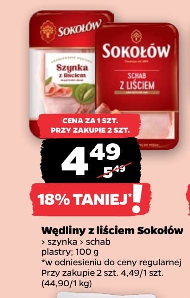 wędliny z liściem Sokołów szynka, schab plastry