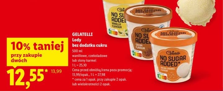 lody bez dodatku cukru waniliowe, czekoladowe lub smak karmel