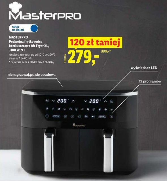 MasterPRO podwójna frytkownica beztłuszczowa Air Fryer XL 3100w. 9l