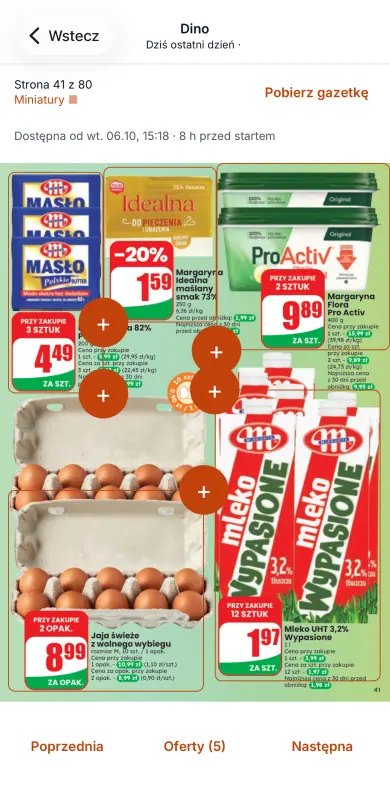 Gazetka Dino w aplikacji z przyciskami plus do dodawania produktów do listy.