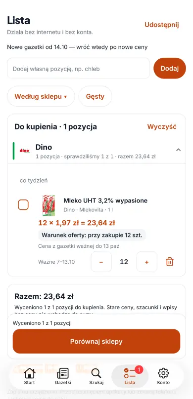 Ekran listy zakupów w aplikacji z sumą oraz ceną i warunkiem promocji przy produkcie.