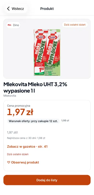 Karta produktu z kadrem gazetki, ceną, warunkiem zakupu i datą ważności.
